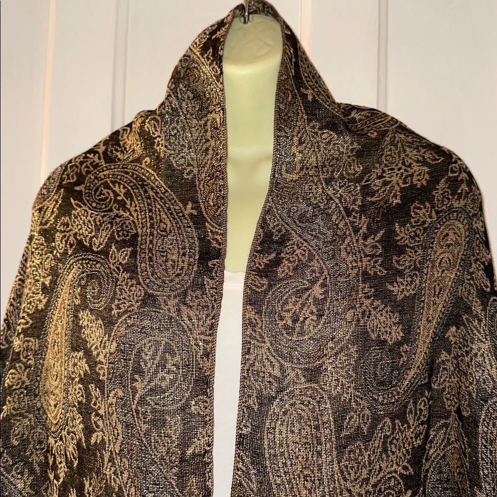 Black, Gold & Silver Paisley Pashmina Type Shawl/Wrap with Fringe - Picture 2 of 5